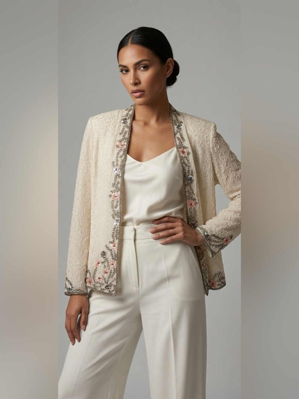 Adrianna Papell Cream Beaded Floral Embroidered Silk Jacket